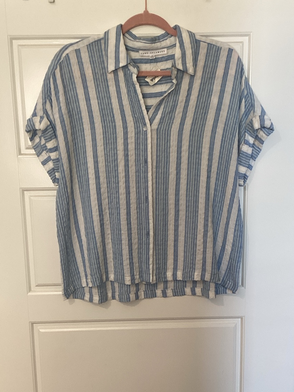 Jane and Delancey Blue and White Striped Short-Sleeve Button-Down Top